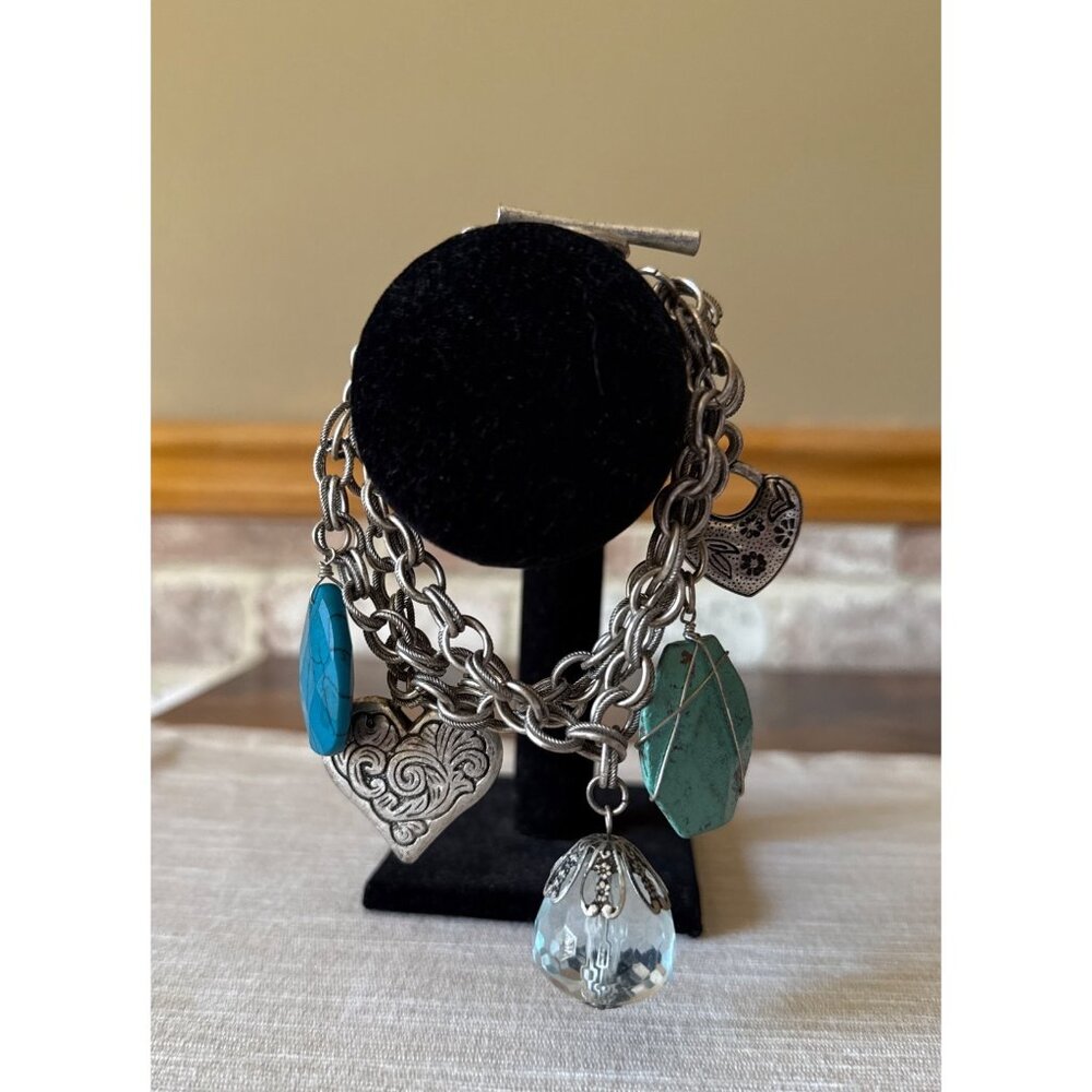 Boho Silver Tone Charm Bracelet Hearts Turquoise Glass Beads Toggle Statement